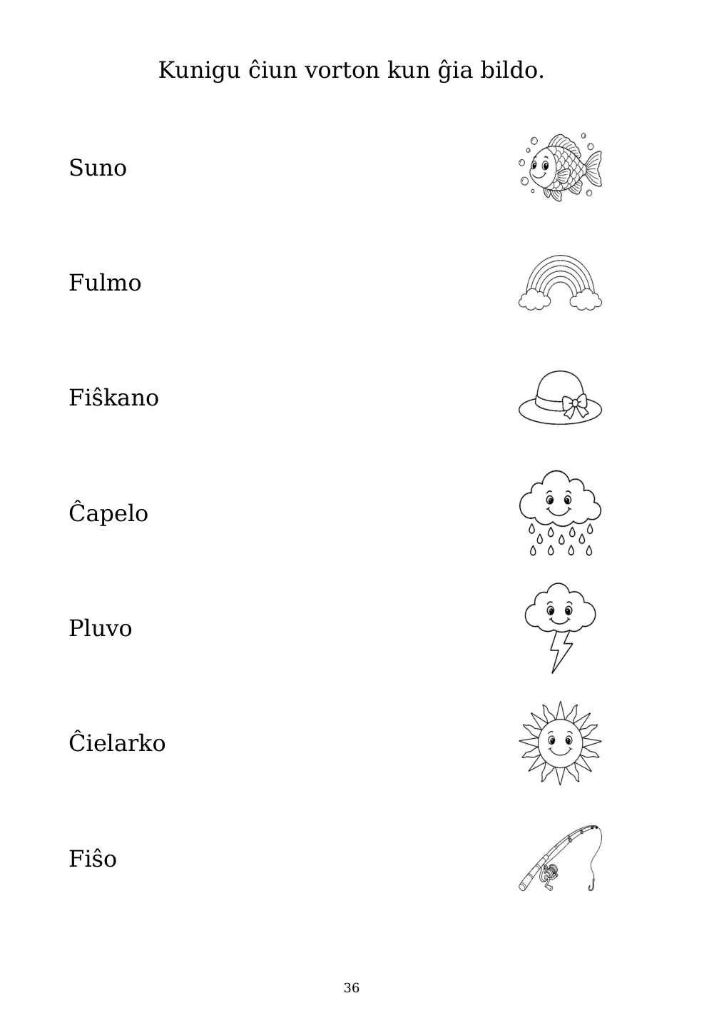 Picture matching exercise with answer lines drawn from each word to its picture