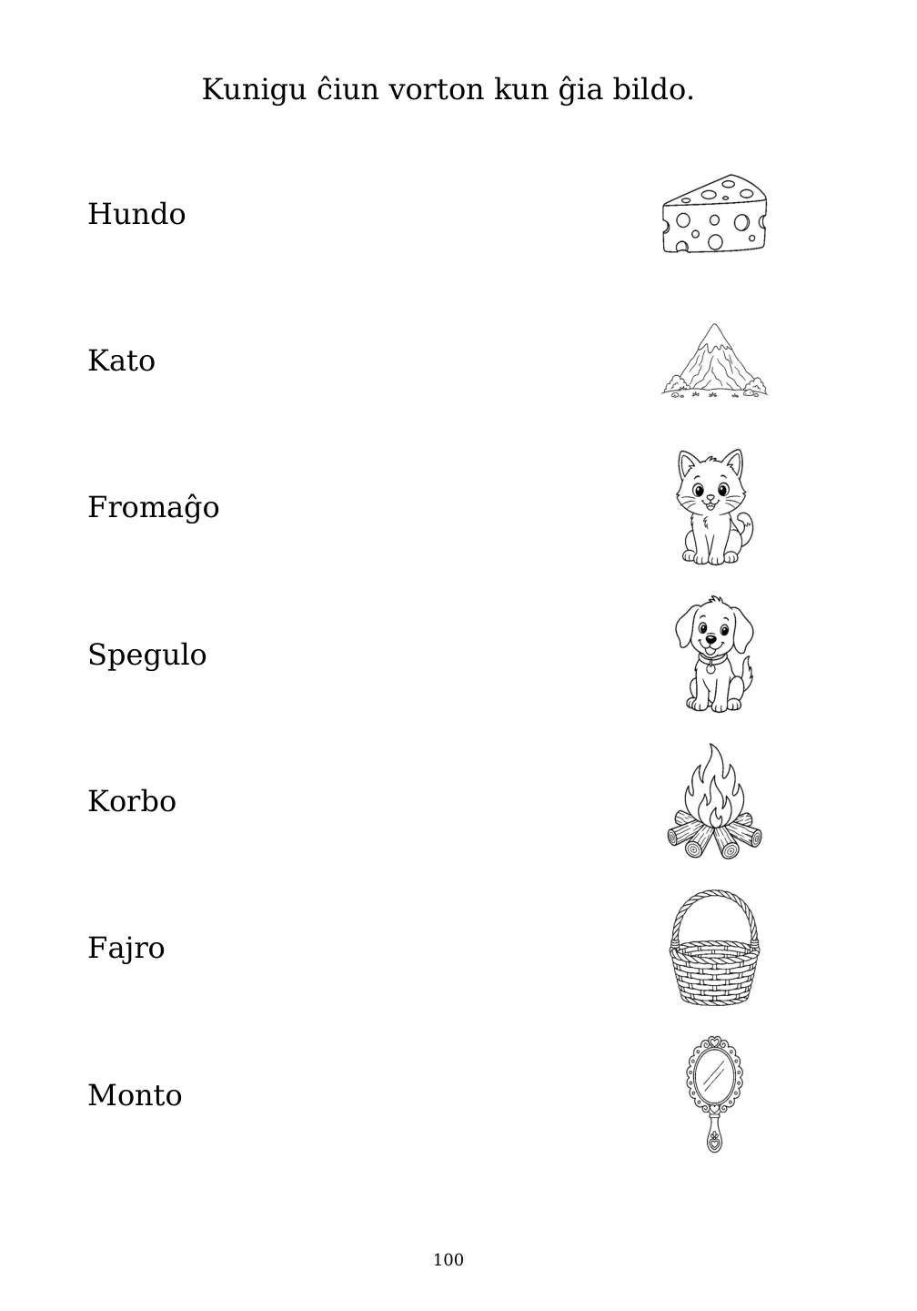 Picture matching exercise with answer lines drawn from each word to its picture