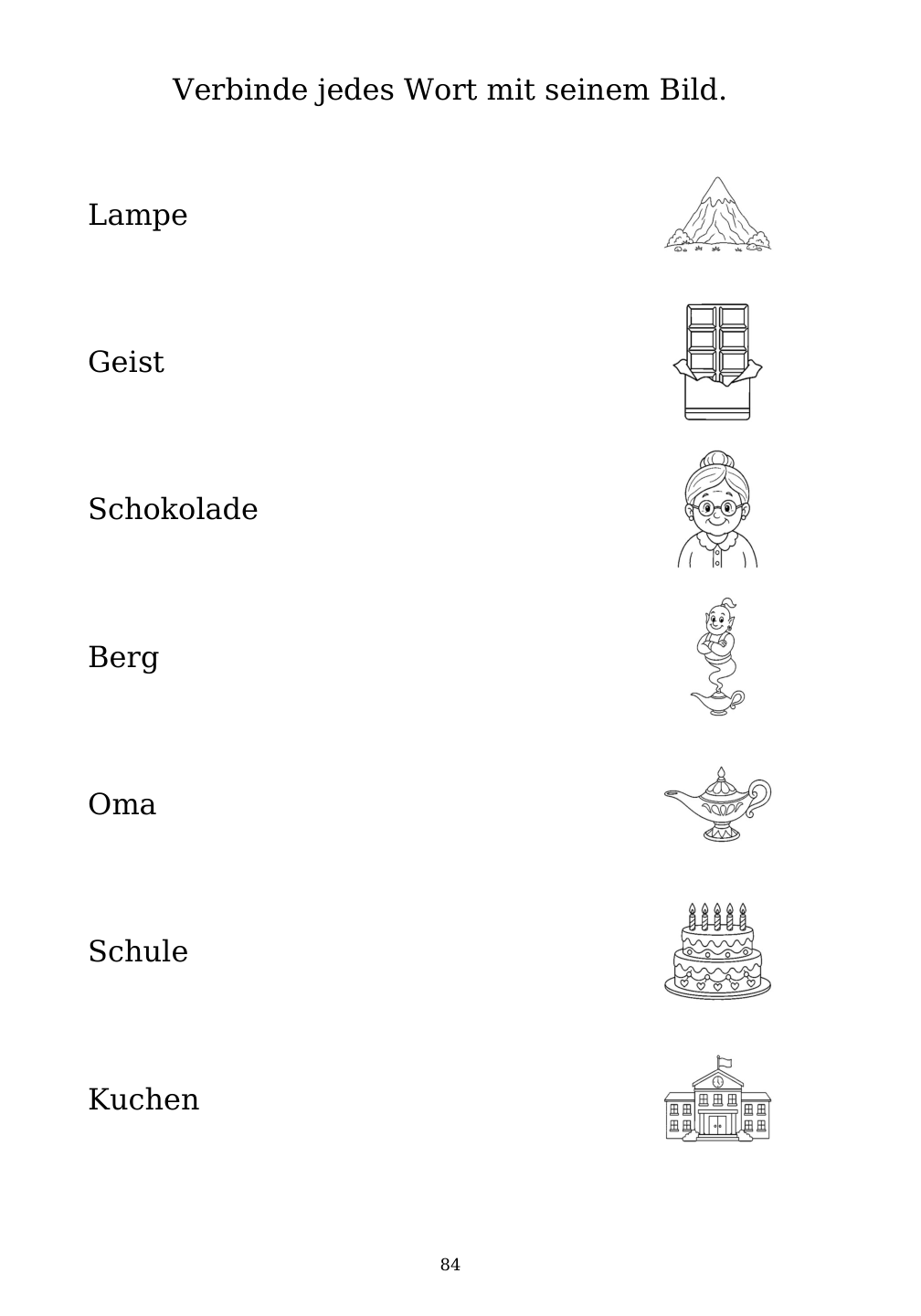 Picture matching exercise with answer lines drawn from each word to its picture