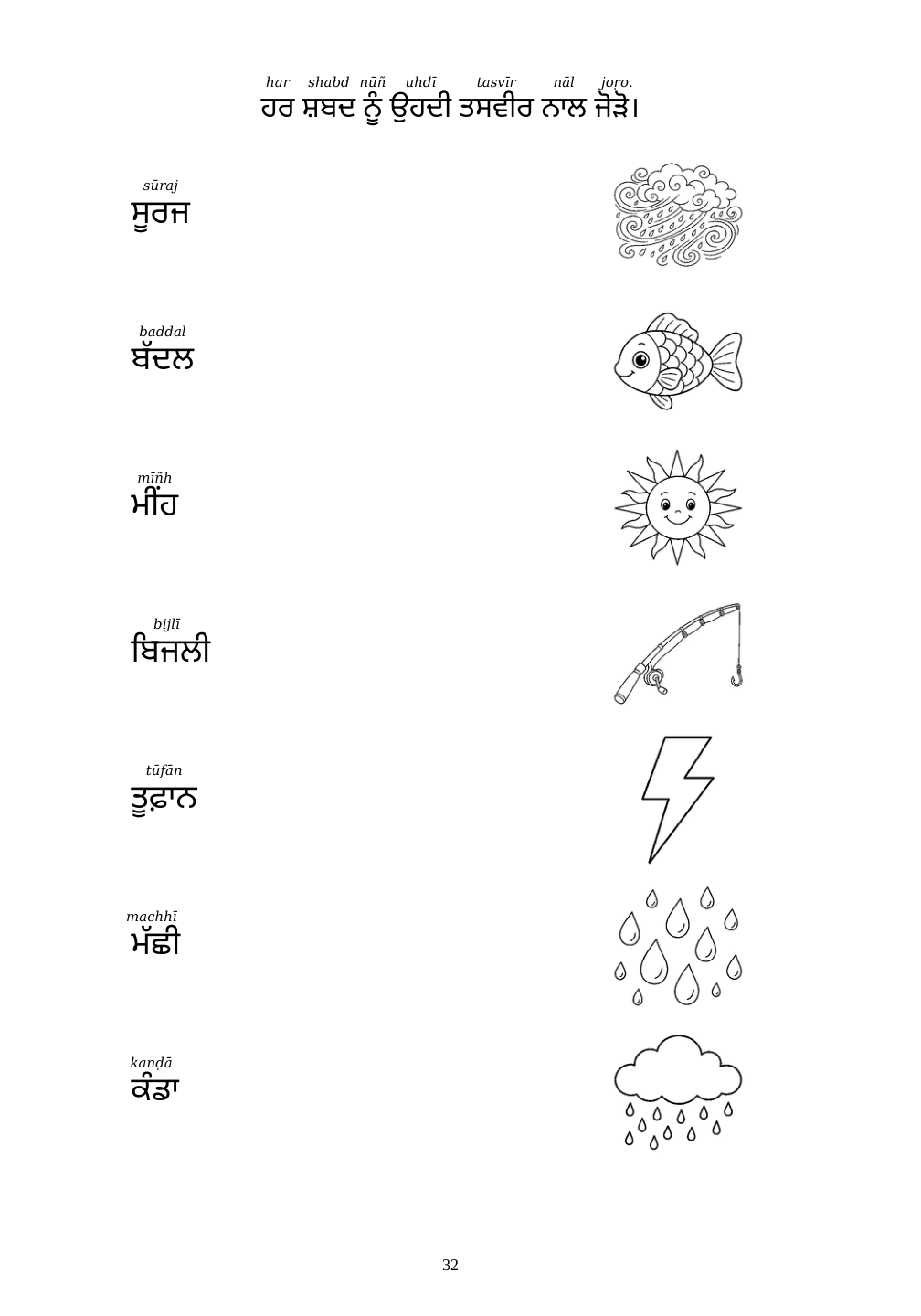 Picture matching exercise with answer lines drawn from each word to its picture